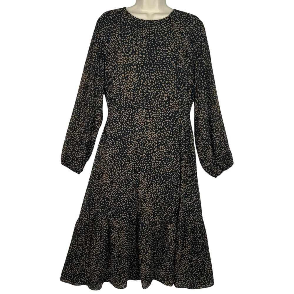 Akaa Leopard Print Midi Dress Size M Long Sleeve Tiered Hem Peasant NWT
